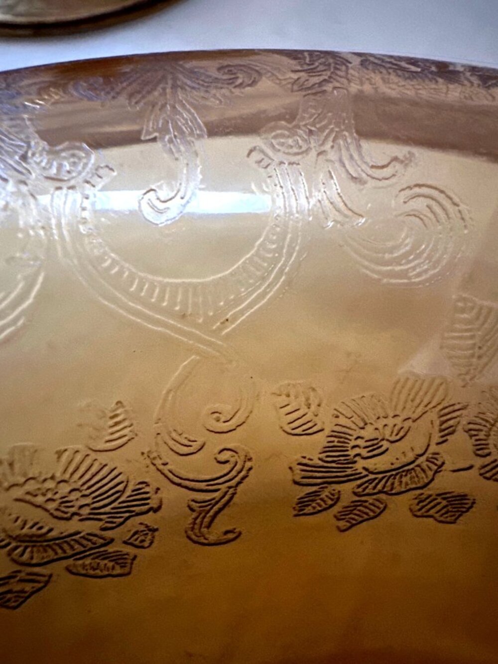 Amber Color Glass Console Bowl Candle Holders Etched Mid Century - Picture 8 of 12